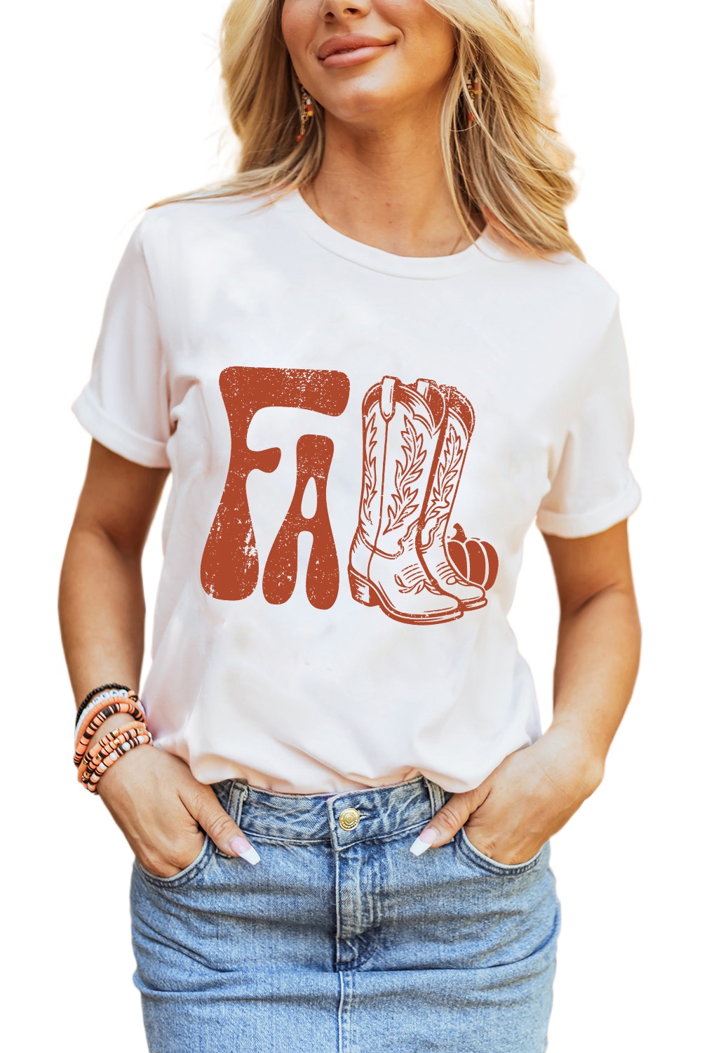 Women's White FALL Boots Graphic T-Shirt - Casual Round Neck Tee - Main View