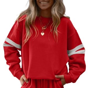 Fiery Red Varsity Striped Sleeve Drop Shoulder Sweatshirt and Short Set for Women - Main View