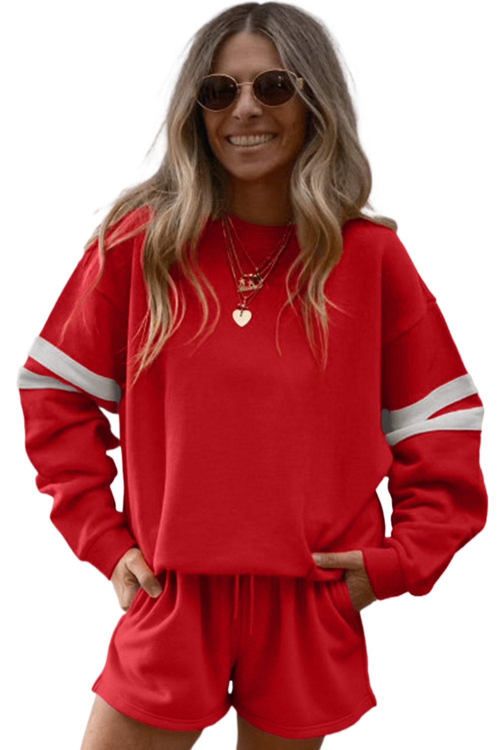 Fiery Red Varsity Striped Sleeve Drop Shoulder Sweatshirt and Short Set for Women - Main View