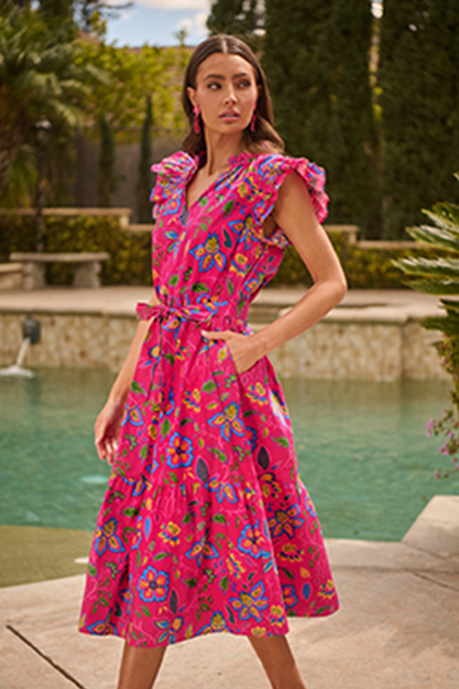 Boho Floral Summer Dress for Women – Flutter Sleeve Midi Vacation Dress with Pockets - Detail View 5