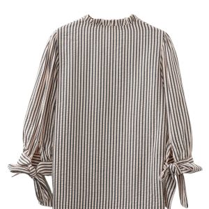 Women's Black Stripe Knotted Cuff Long Sleeve V Neck Blouse – Casual Spring Style