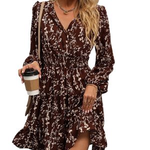 Women's Brown Floral Print Long Sleeve A-Line Mini Dress for Daily Wear