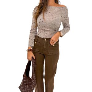 Women's Jet Stream Polka Dot Long Sleeve T-Shirt – Casual Boat Neck Top for Daily Wear