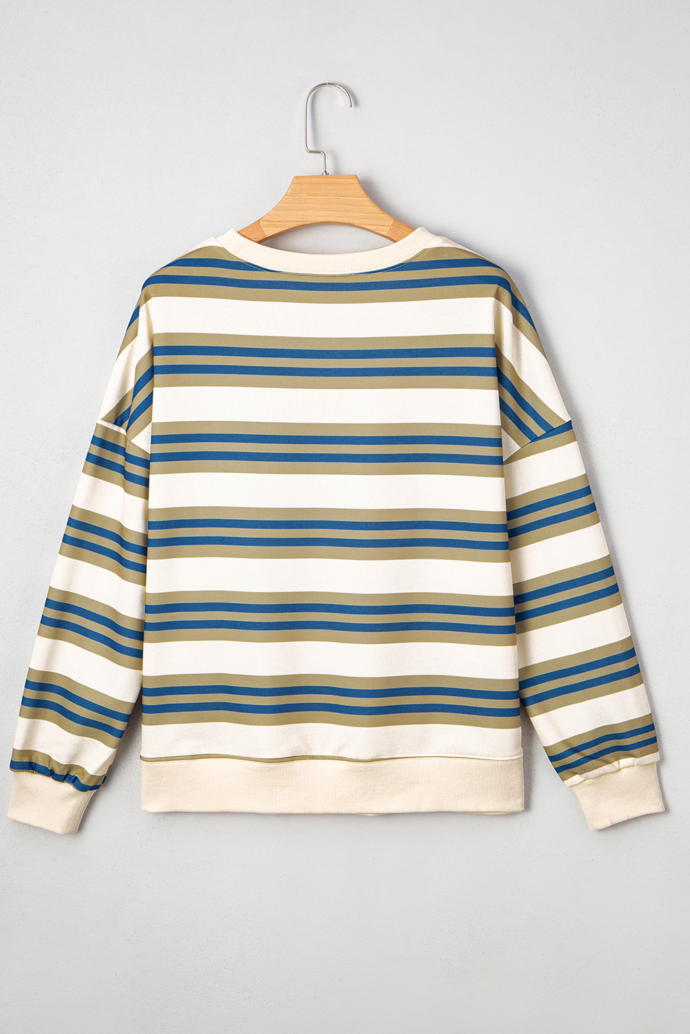 Casual and Cozy Khaki Striped Long Sleeve Sweatshirt with Ribbed Details - Detail View 6