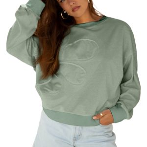 Women's Smoke Green Casual Top with Floral Applique – Perfect for Daily Wear and Autumn Style - Main View