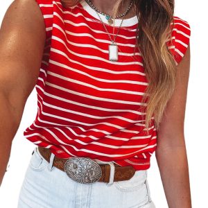 Women's Red Stripe Ribbed Tank Top – Casual Sleeveless Style for Everyday Wear