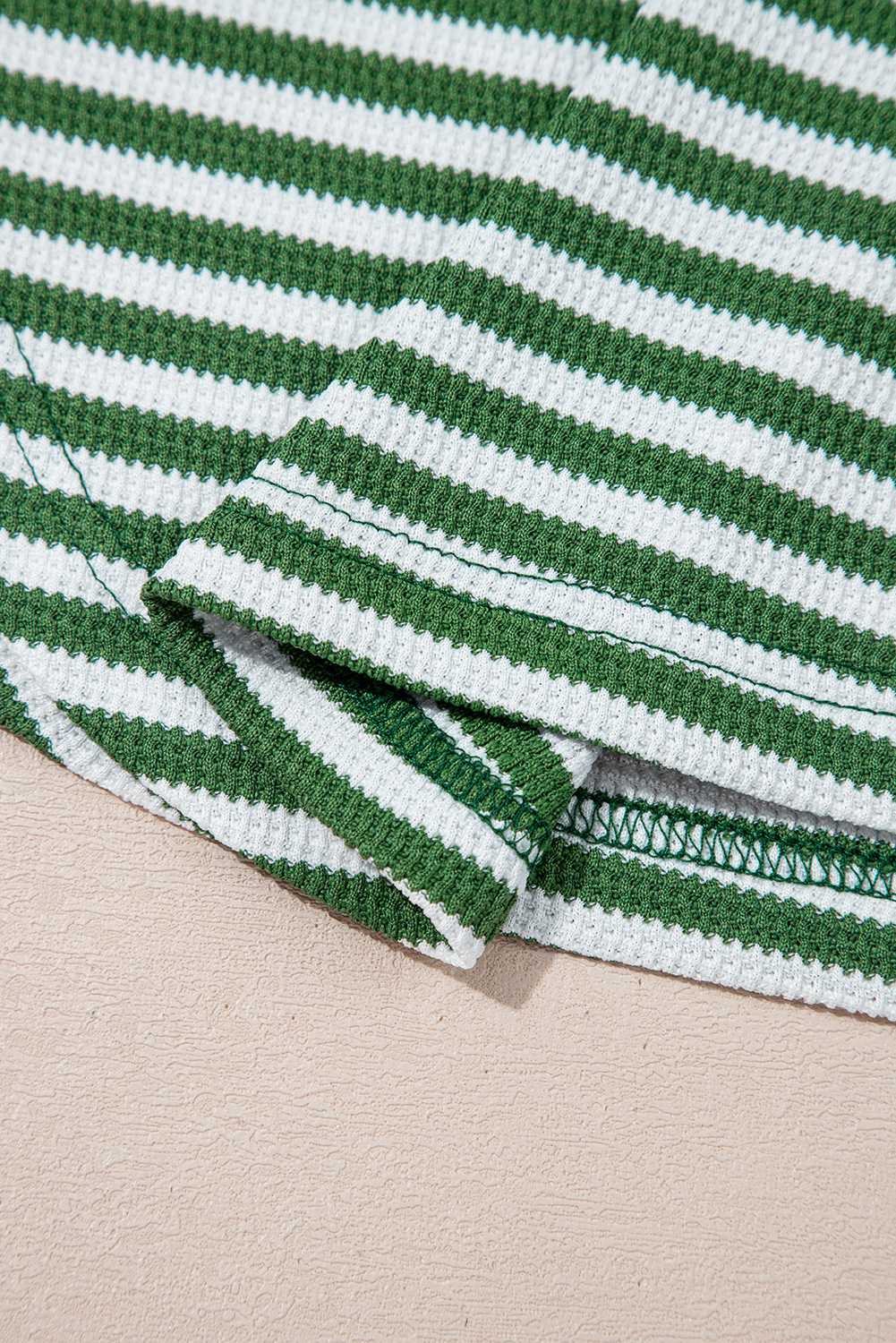 Women's Casual Top, Green Stripe, Thermal Knit, Drop Shoulder, Long Sleeve, Round Neck, Patchwork Design, Striped Pattern, Daily Wear, Fall Fashion, Comfortable, Vacation Wear, Outdoor Style, Back to School - Detail View 12