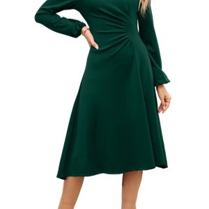 Elegant Blackish Green Solid Color Ruched Detail Long Sleeve Midi Dress - Main View