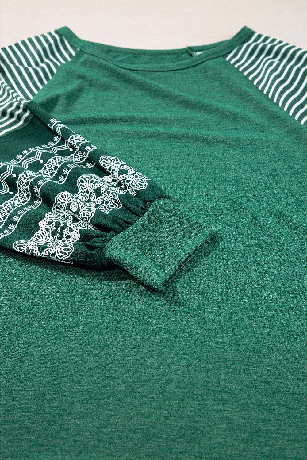 Casual Blackish Green Contrast Print Striped Raglan Long Sleeve Loose Top - Detail View 13