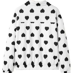 Women's White Heart Print Collar Zip Jacket with Double Flap Pockets - Main View