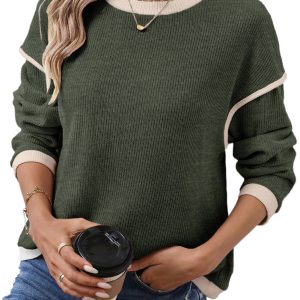 Women's Four Leaf Clover Contrast Color Trim Knit Drop Shoulder Loose Top - Main View