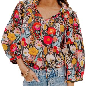Women's Black Floral 3/4 Puff Sleeve Blouse with Tied Neck - Casual Elegance for Daily Wear - Main View