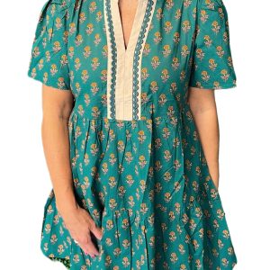 Women's Green Floral Dress – Short Sleeve V-Neck for Casual Summer Outings