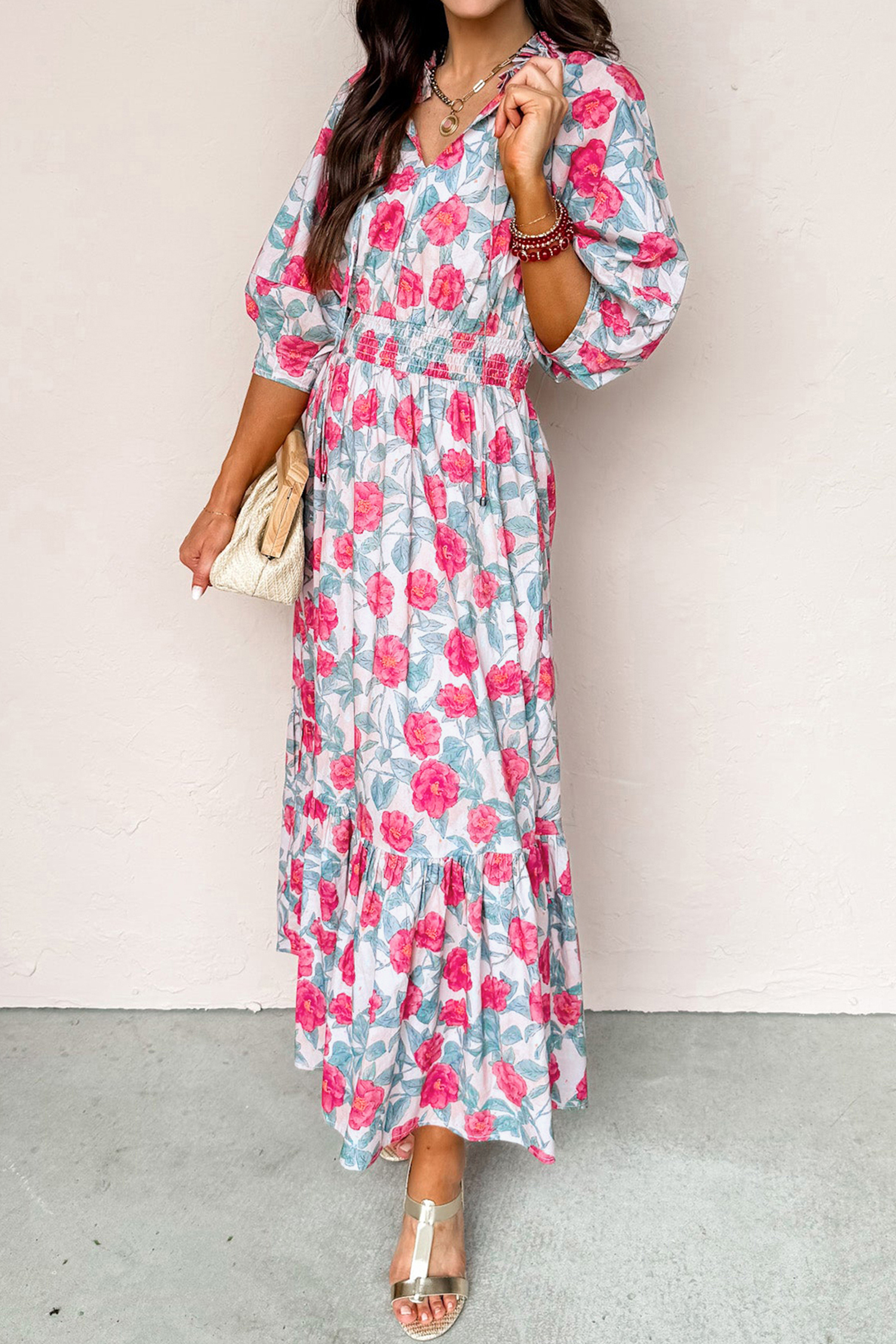 Women's Floral Puff Sleeve Midi Dress – Elegant Red A-Line High Waist Summer Dress with Pockets - Detail View 10