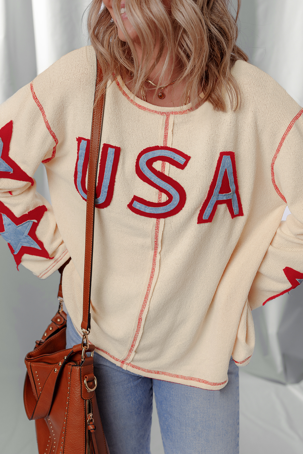 Women's Beige USA Star Contrast Patchwork Long Sleeve Top with Exposed Seams - Detail View 5