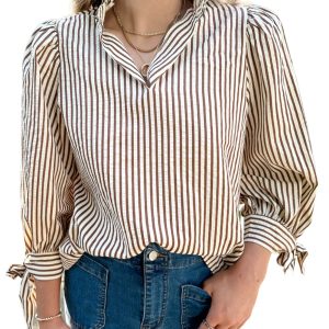 Women's Straw Yellow Striped Print Seersucker Blouse with Tied Cuffs - Main View