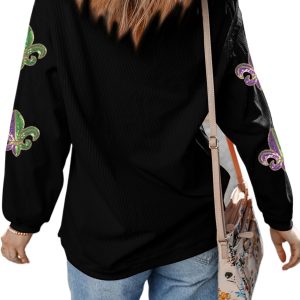 Women's Black Corded Ribbed Sequin Fleur De Lis Sweatshirt – Casual Autumn Style