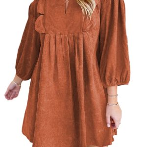 Women's Cinnamon Corduroy Mini Dress with Bracelet Sleeves and Scallop Detail - Main View