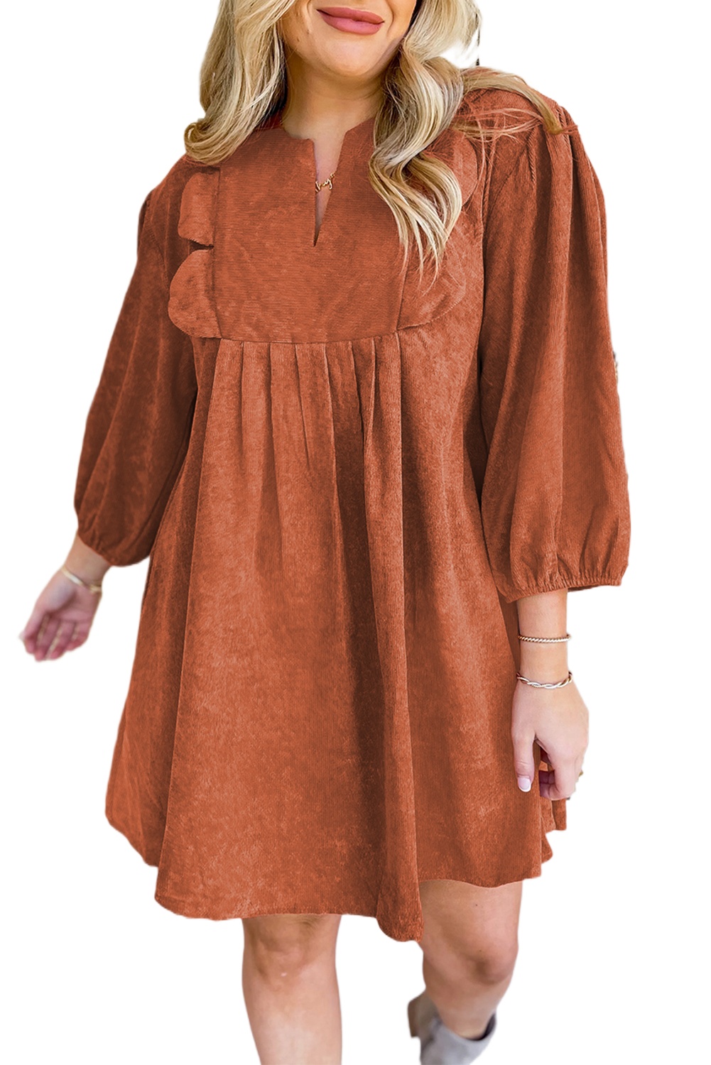 Women's Cinnamon Corduroy Mini Dress with Bracelet Sleeves and Scallop Detail - Main View