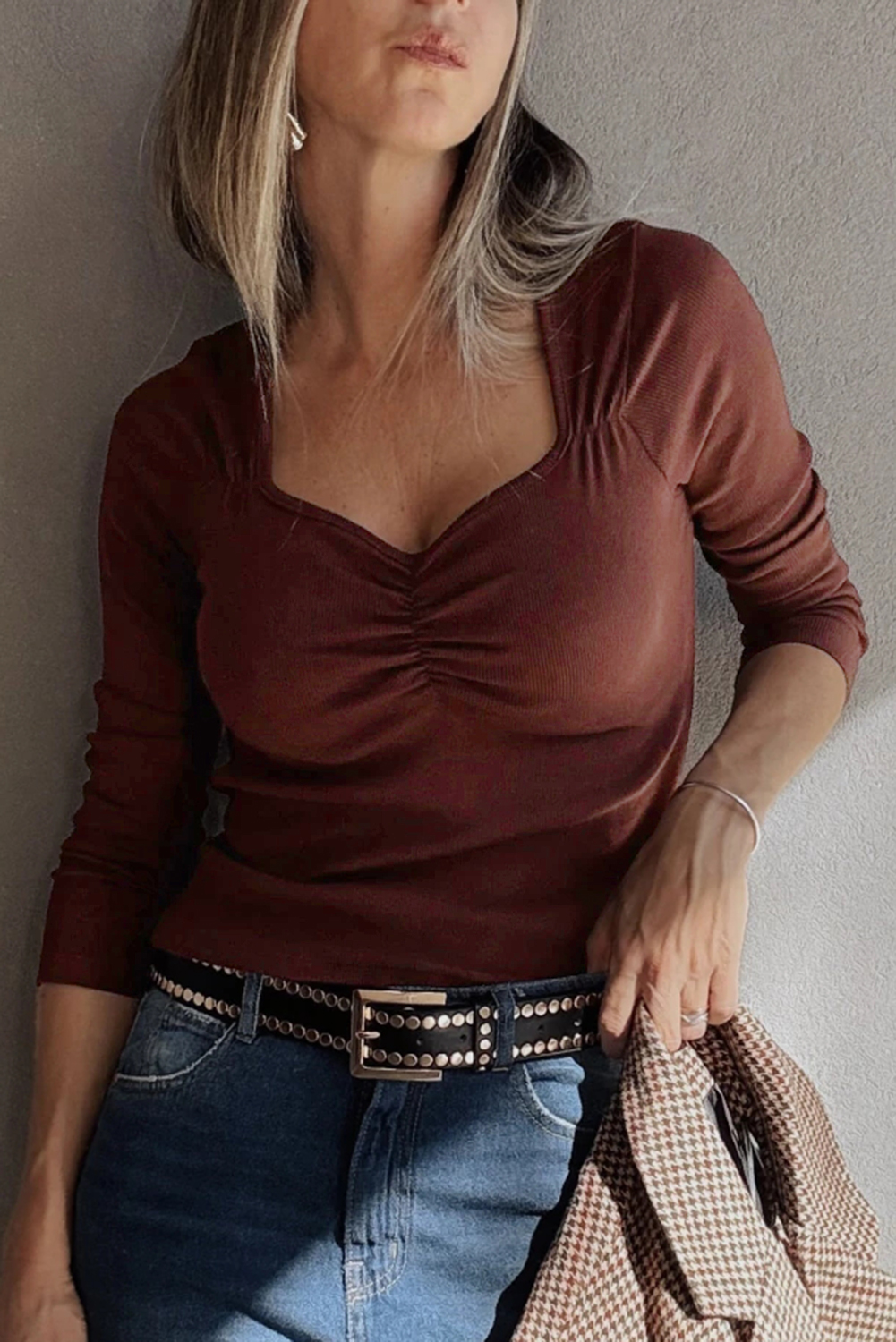 Stylish Burgundy Sheath Top with Square Neck and Long Sleeves - Perfect for Fall & Autumn - Detail View 6