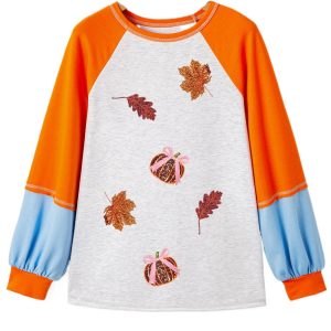 Light Grey Sequin Color Block Long Sleeve Top with Fall Elements Patchwork - Main View