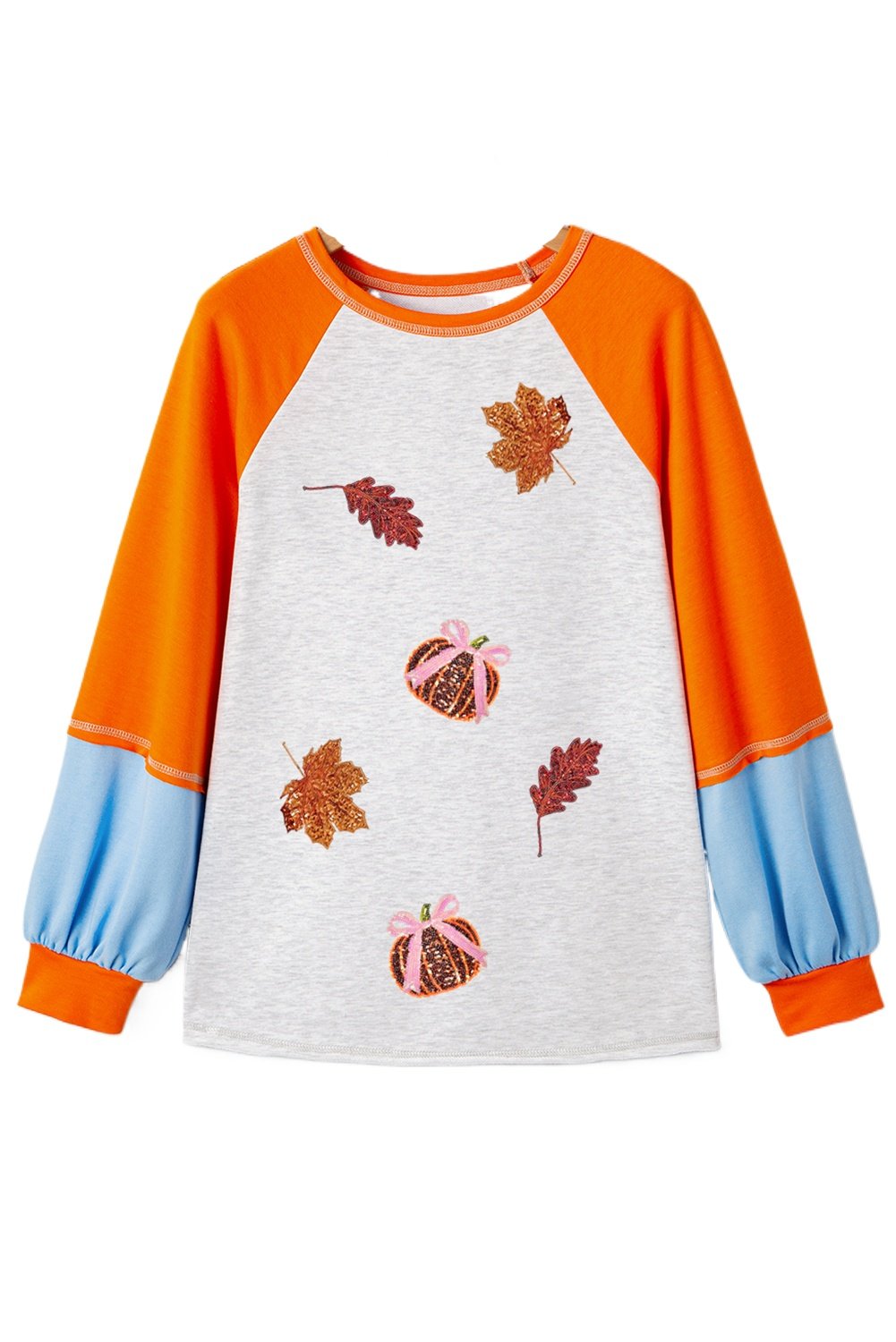 Light Grey Sequin Color Block Long Sleeve Top with Fall Elements Patchwork - Main View