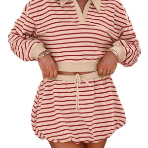 Women's Red Stripe Cropped Collared Pullover & Bubble Mini Skirt Set – Effortless Style for Daily Wear - Main View