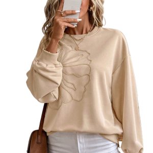 Women's Parchment Embroidered Flower Sweatshirt – Drop Shoulder Casual Style for Daily Wear