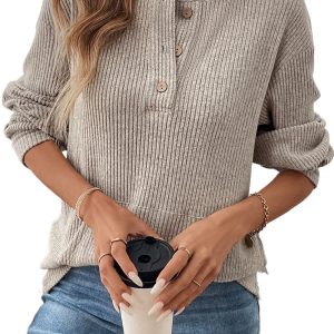 Simply Taupe Ribbed Texture Drop Shoulder Henley Knit Top for Women - Main View