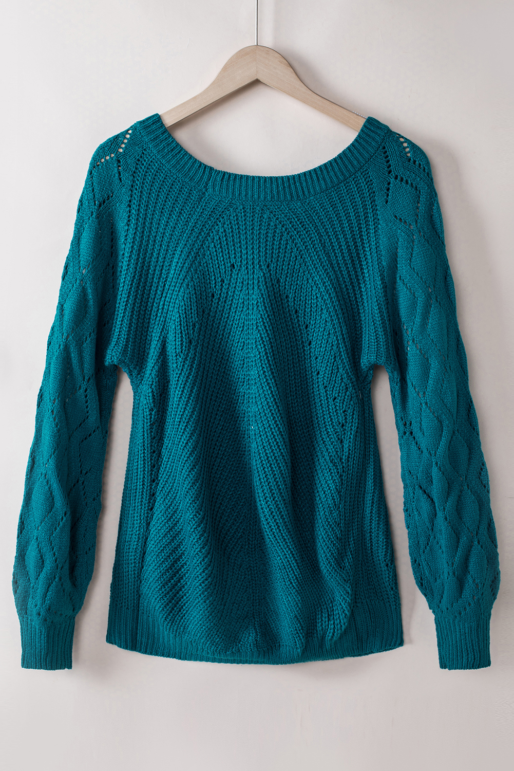 Women's Sweater, Blue-3, Hollow-Out, Puffy Sleeve, Knit, Casual Style, Daily Wear, Fall Fashion, 100% Acrylic, Cozy, Comfortable, Solid Color, Autumn Outfit - Detail View 8