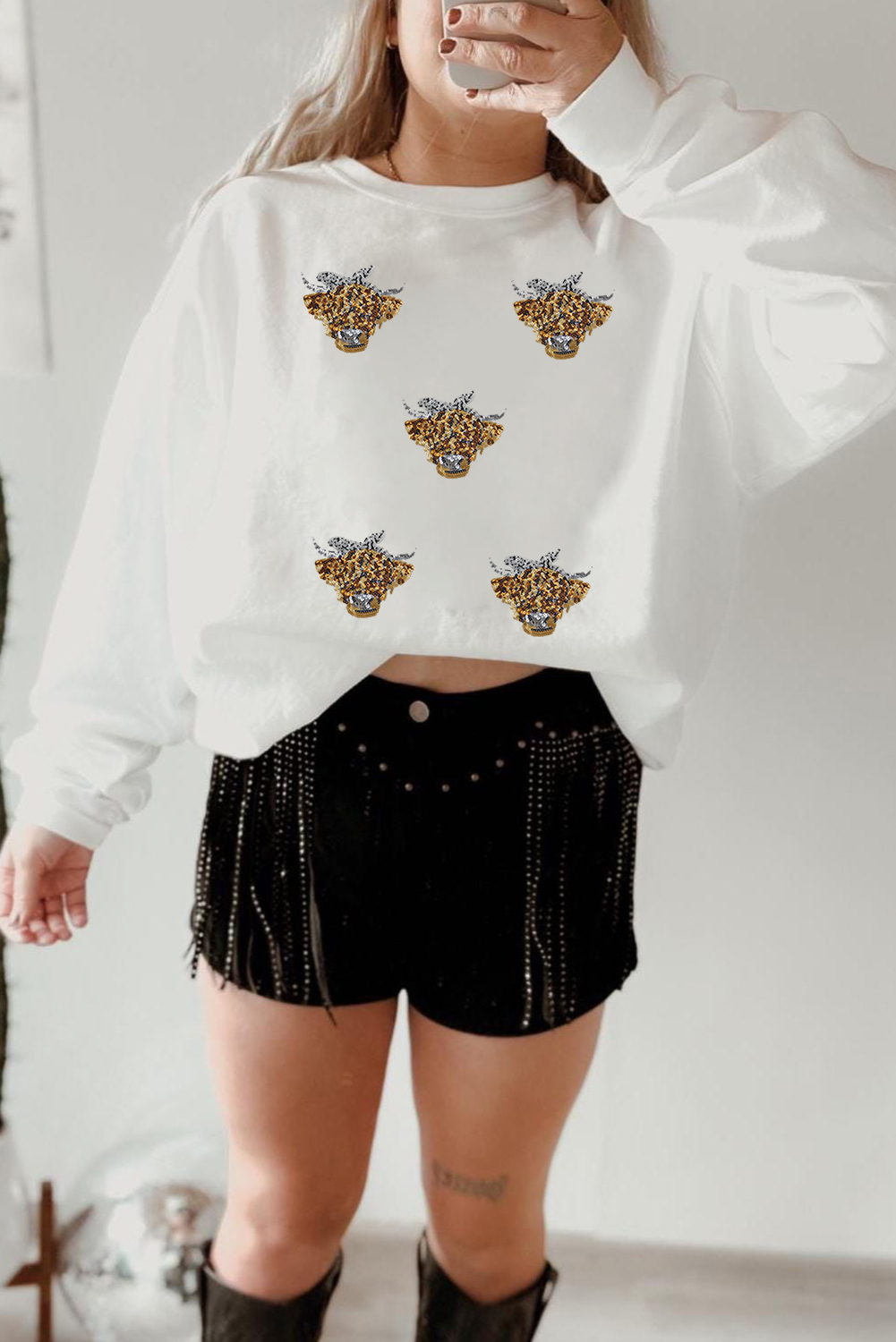Women's White Sequin Heifer Patched Drop Shoulder Sweatshirt - Casual Fall Fashion - Detail View 5