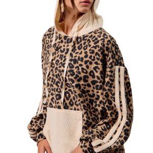 Women's Leopard Print Waffle Hoodie with Kangaroo Pocket – Casual Daily Wear