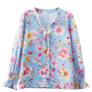 Women's Sky Blue Floral V Neck Blouse – Casual Long Sleeve Top for Spring & Daily Wear - Main View