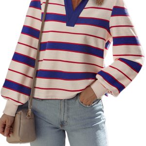 Women's Blue Stripe Color Block Polo Pullover Sweatshirt - Chic Casual Style - Main View