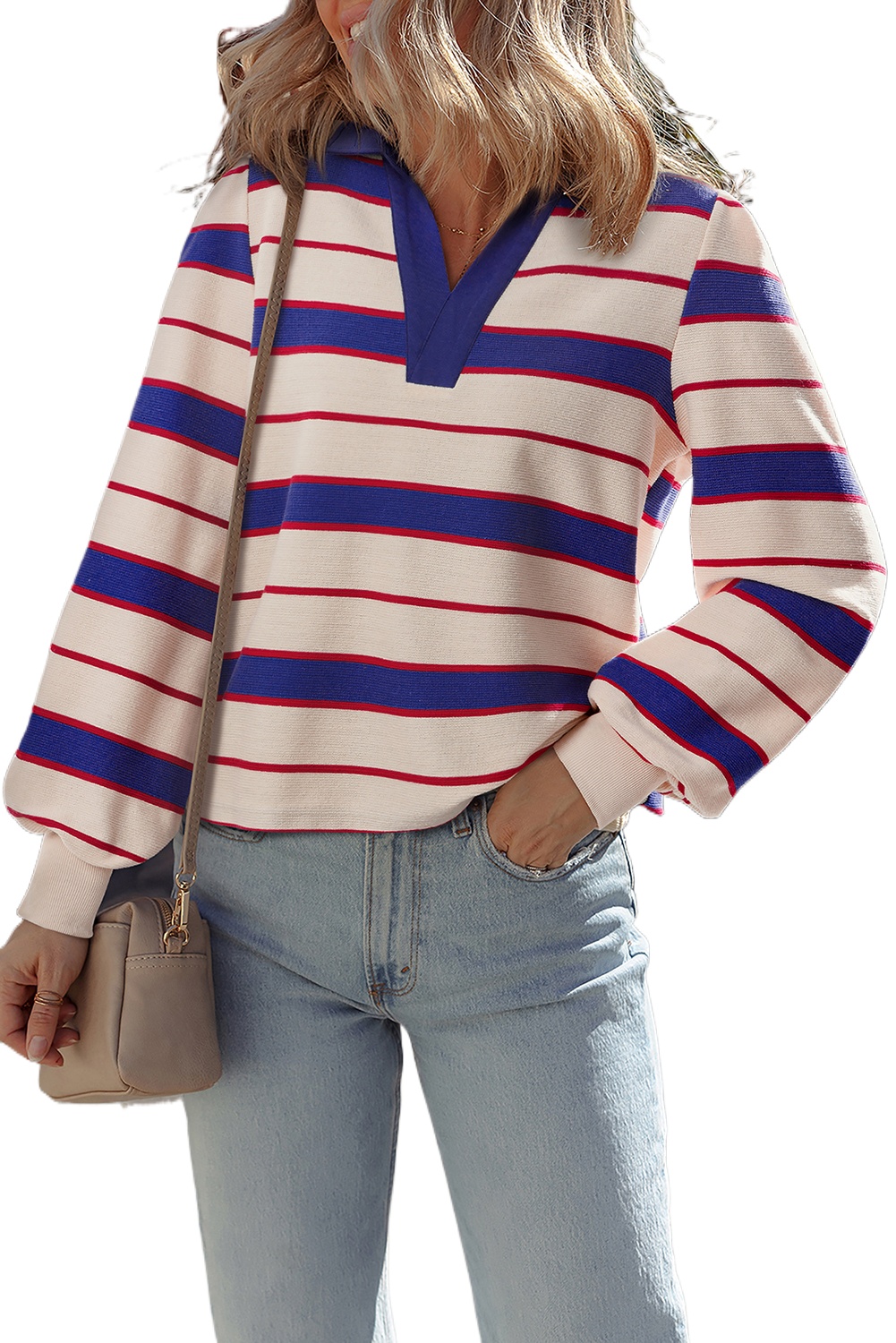 Women's Blue Stripe Color Block Polo Pullover Sweatshirt - Chic Casual Style - Main View