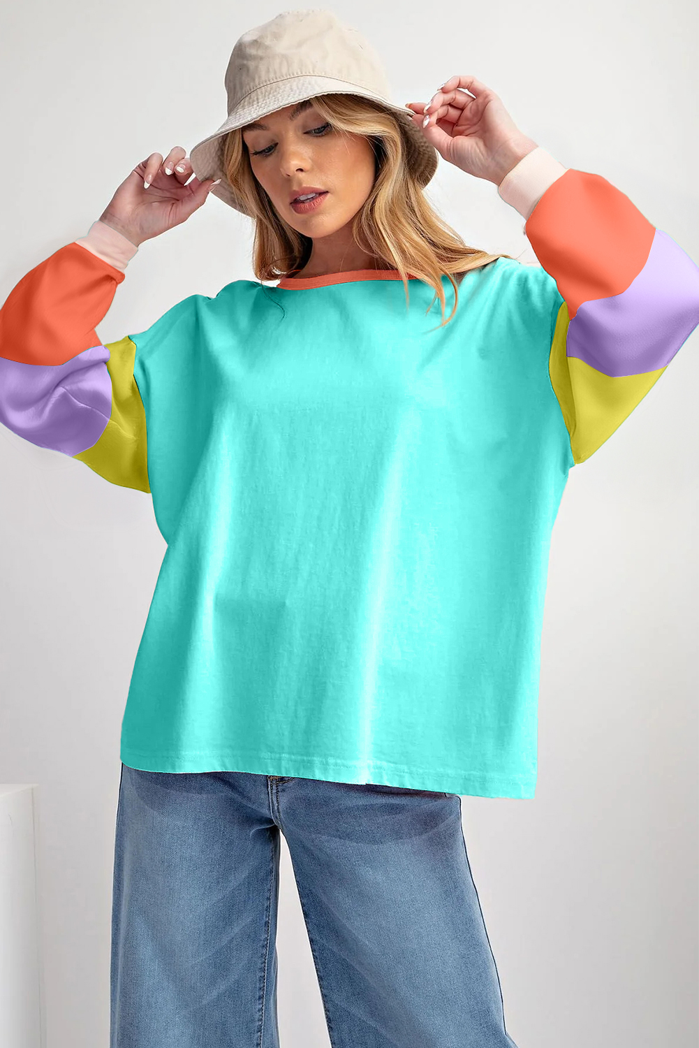 Trendy Light Blue Color Block Long Sleeve Top with Patchwork Design - Detail View 10