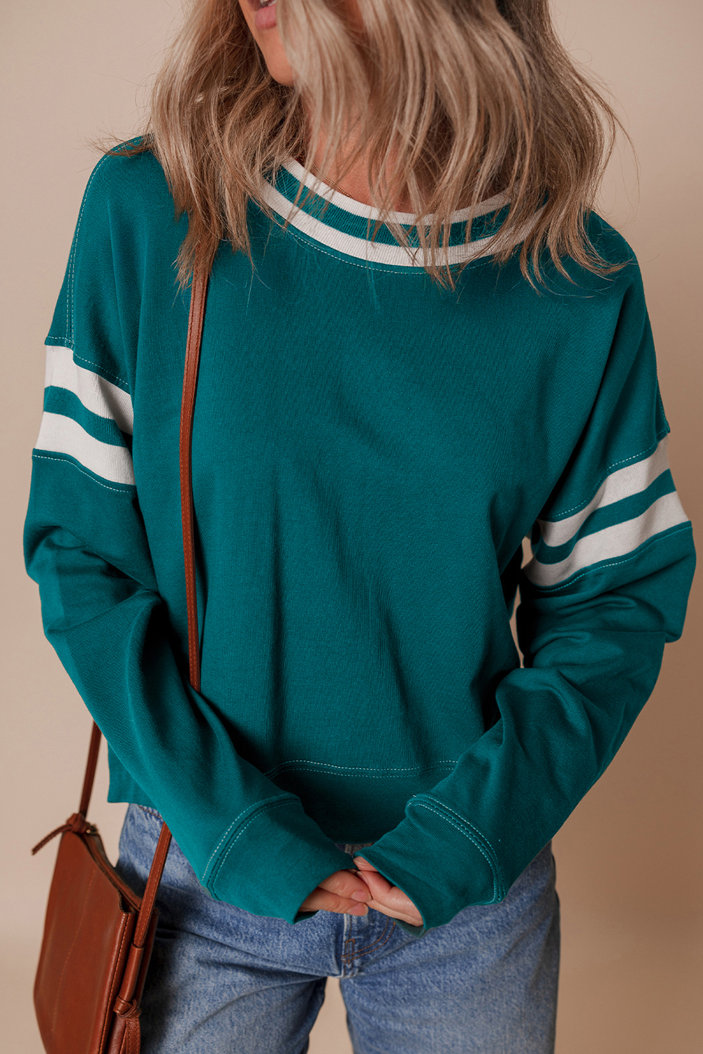 Trendy Cropped Sweatshirt for Women - Blackish Green with Colorblock Design - Detail View 6