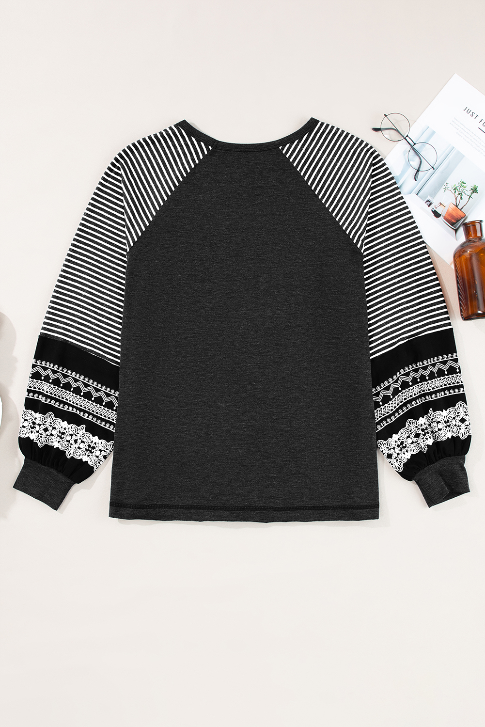 Women's Black Contrast Print Striped Raglan Long Sleeve Loose Top - Detail View 9