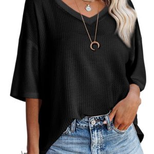 Women's Black Waffle Texture Ribbed V Neck Drop Shoulder Loose Tee - Casual Summer Top - Main View