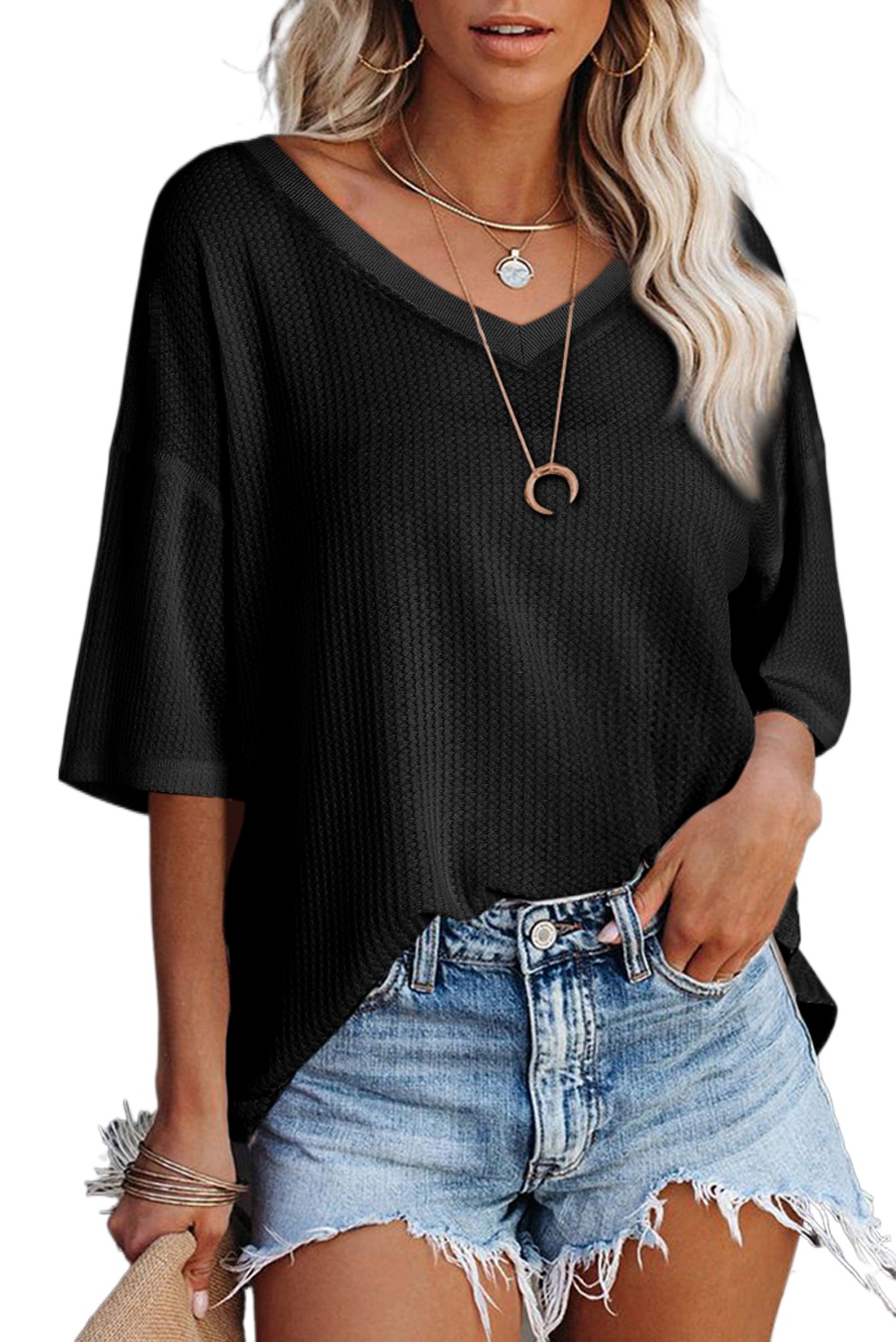 Women's Black Waffle Texture Ribbed V Neck Drop Shoulder Loose Tee - Casual Summer Top - Main View