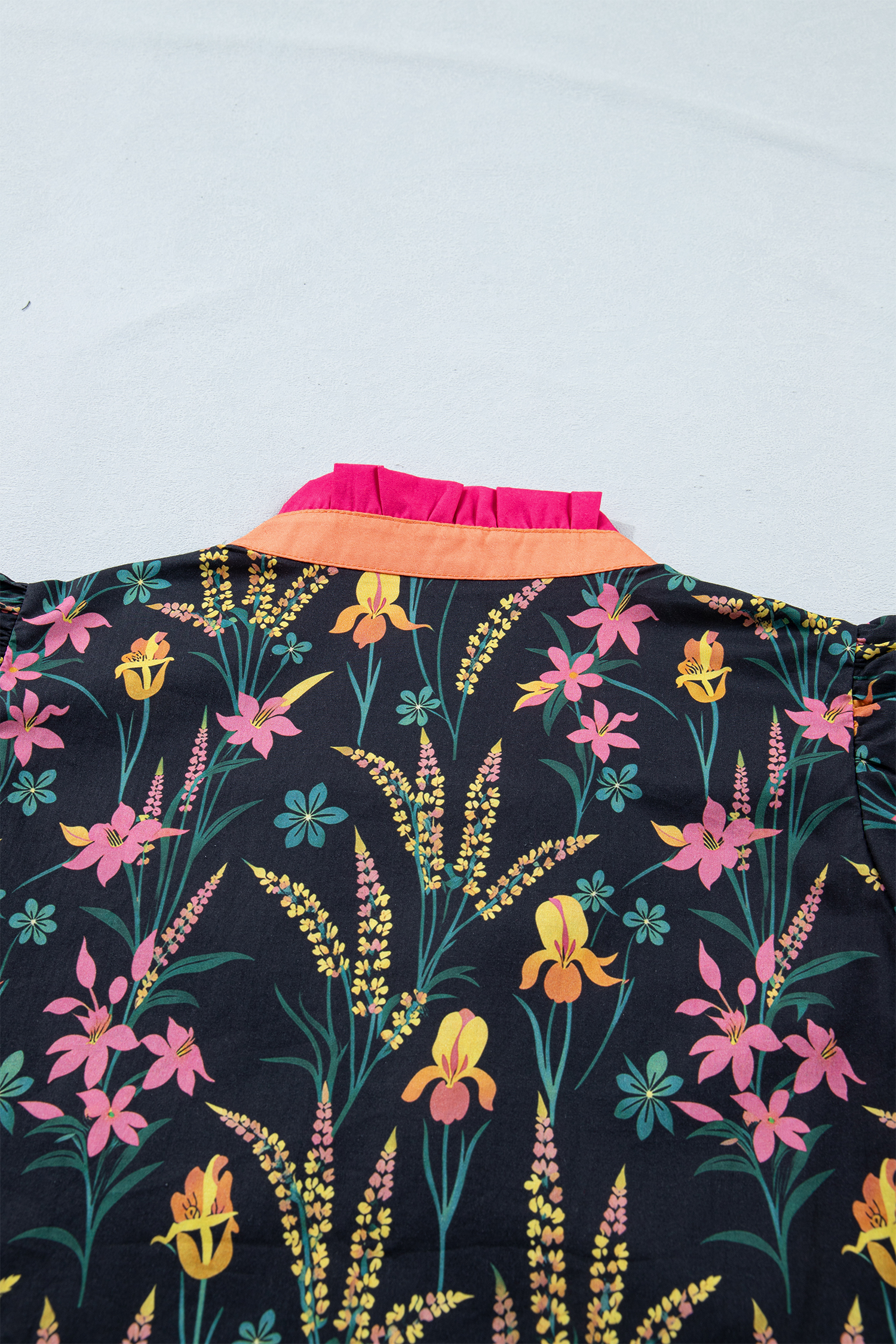 Chic Women's Patchwork Floral Blouse – V Neck Ruffled Short Sleeve Shift Top, Southern Belle Style - Detail View 6