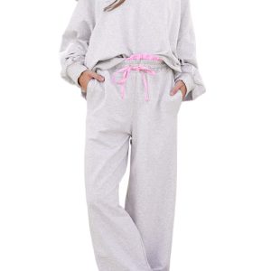 Women's Light Grey Frilled Collar Pullover and Drawstring Pant Set – Casual Autumn Ensemble - Main View