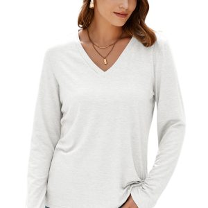 Women's White Solid Color V Neck Long Sleeve Stretchy Top for Everyday Wear - Main View