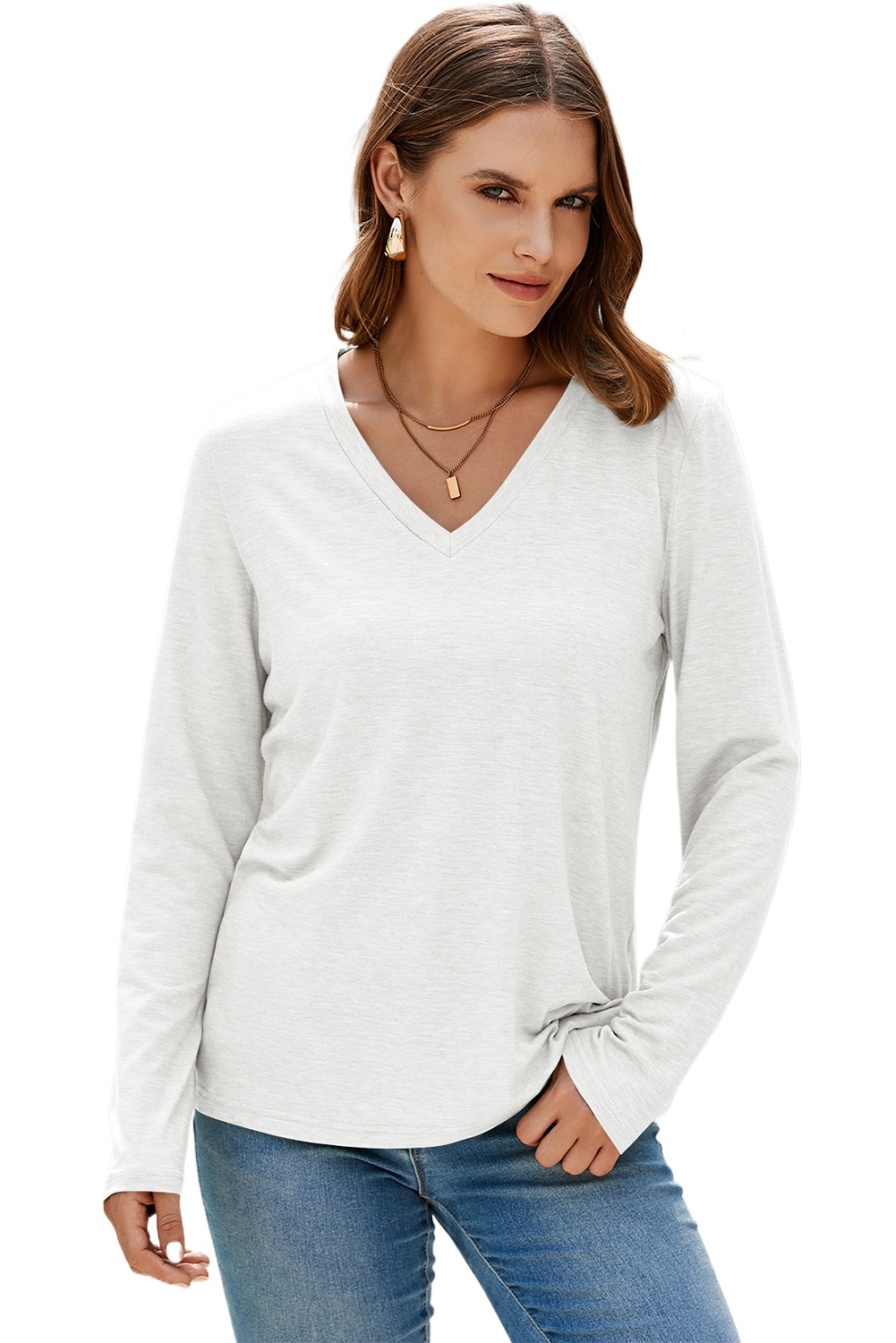 Women's White Solid Color V Neck Long Sleeve Stretchy Top for Everyday Wear - Main View