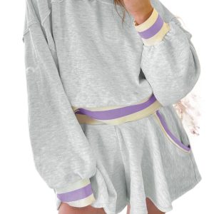 Light Grey Contrast Striped Bands Cropped Pullover and Athletic Short Set for Women - Main View
