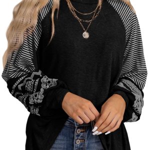 Women's Black Contrast Print Striped Raglan Long Sleeve Loose Top - Main View