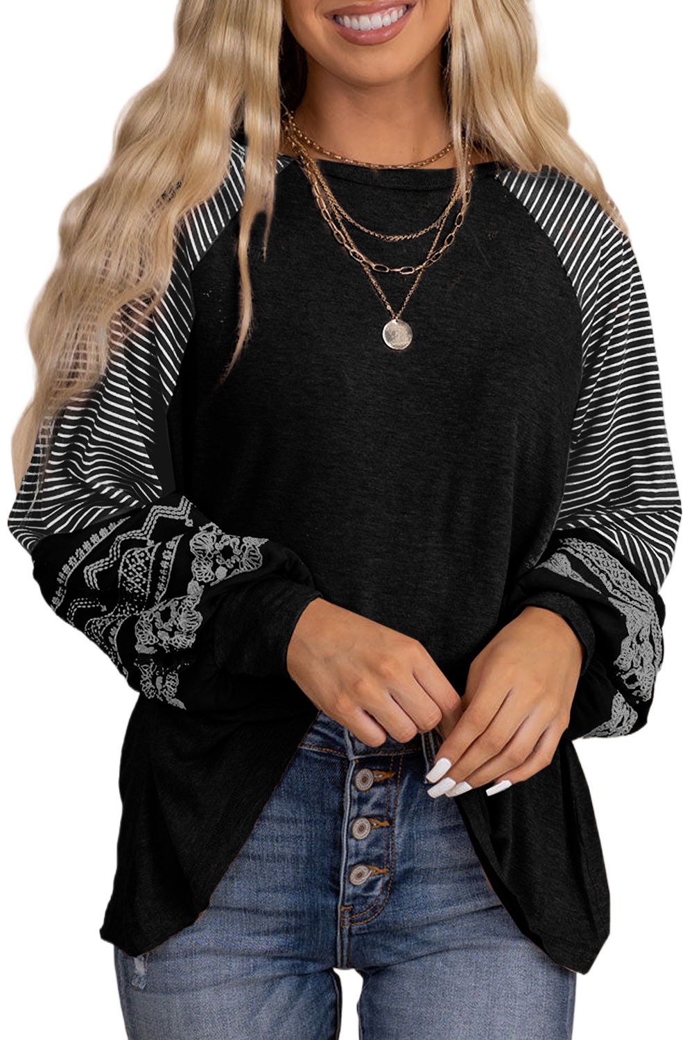 Women's Black Contrast Print Striped Raglan Long Sleeve Loose Top - Main View