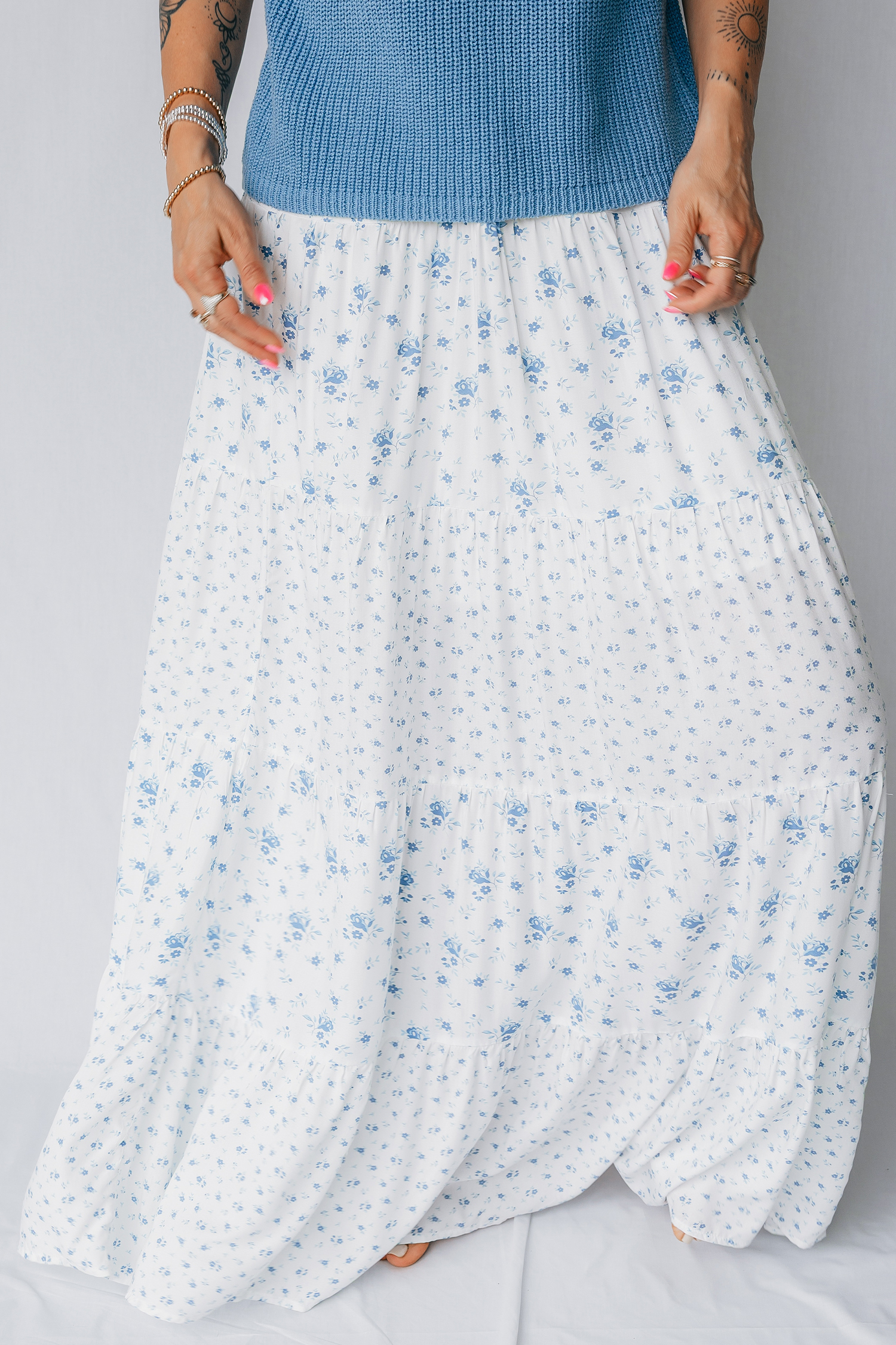 Women's Sky Blue Boho Maxi Skirt – Tiny Floral Print High Waist Long Skirt, Flowy Tiered Vacation Wear - Detail View 7