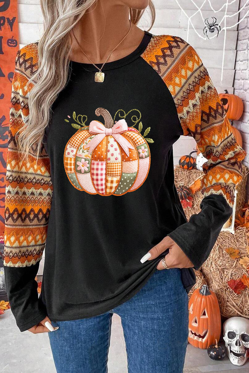 Fall Inspired Casual Tee with Pumpkin Graphic and Striped Design - Long Sleeve - Detail View 6
