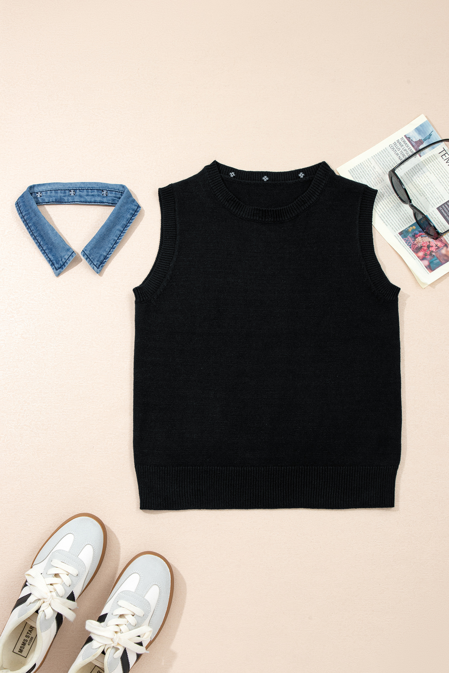 Women's Casual Black Knit Vest with Denim Collar – Trendy Summer Patchwork Sleeveless Sweater Top - Detail View 6